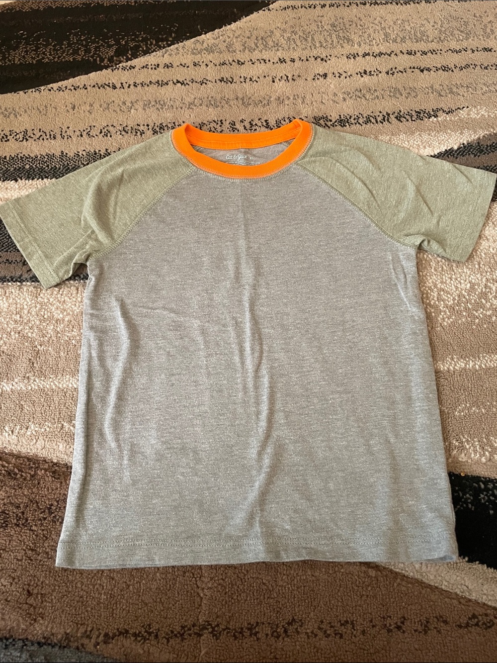 Cat & Jack Gray Tee with Olive Sleeves and Orange Neck Trim